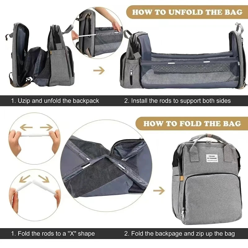 Foldable bed diaper bag with changing station