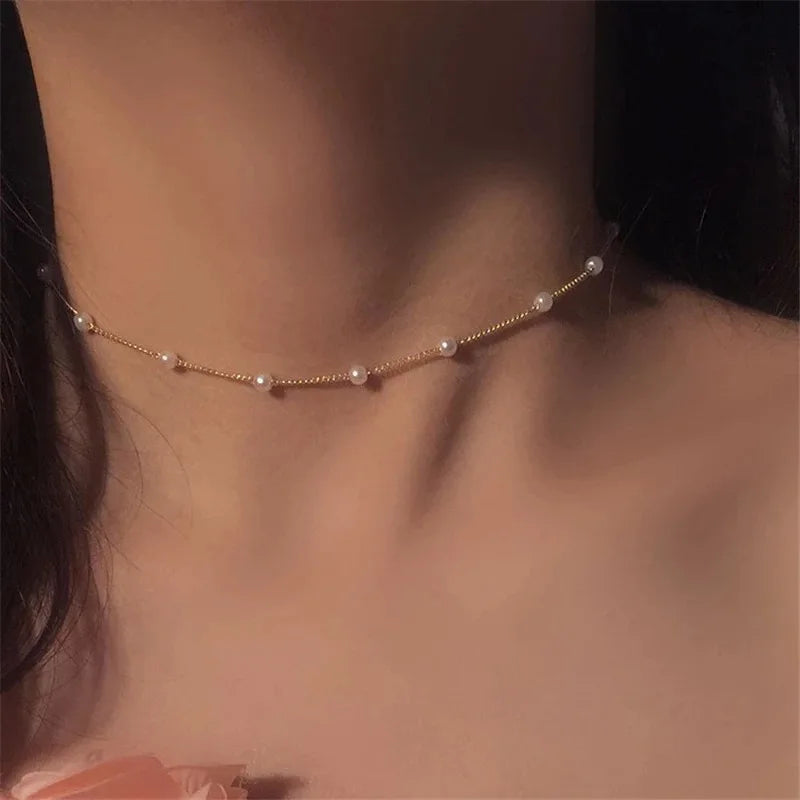 New Beads Women's Neck Chain Kpop Pearl Choker Necklace