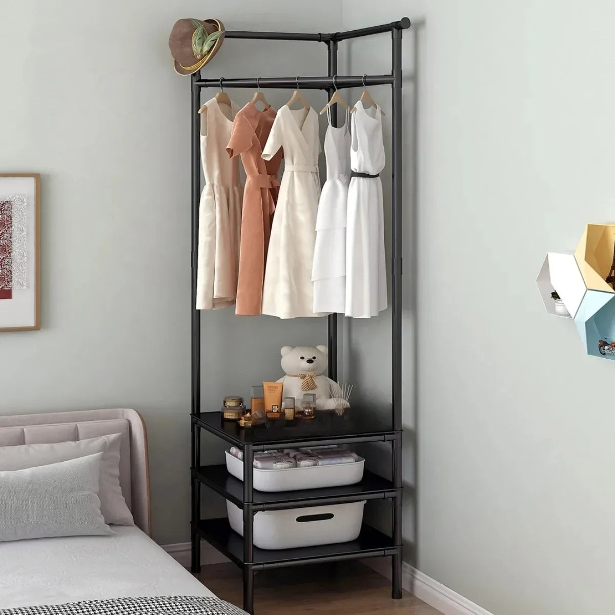 2 in 1 Corner Clothes Rack Nightstand Coat Rack