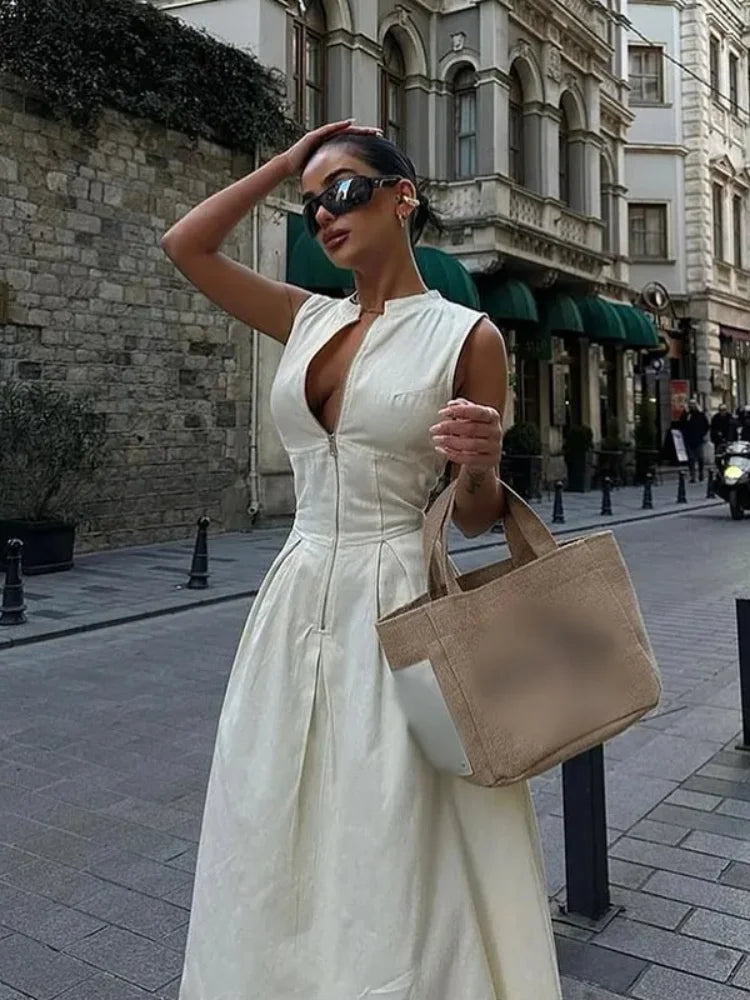 Sleeveless High Waist Zipper Maxi Dress